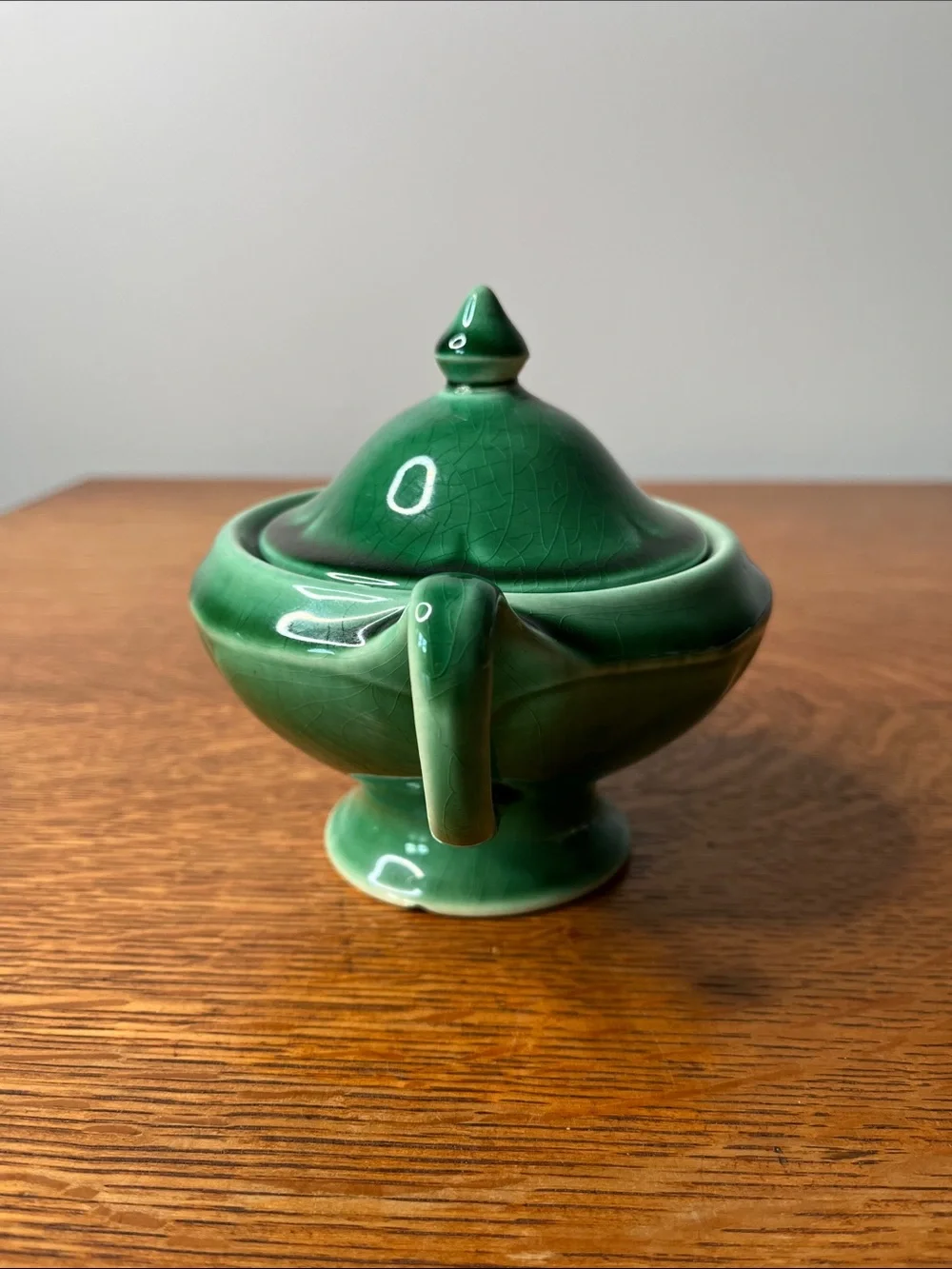 Vintage USA Green Pottery Covered Sugar Bowl. Emerald Glaze  Pedestal Candy Dish